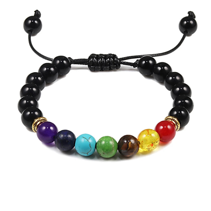 7 Chakra Bead Natural Stone Bracelet for Women & Men Healing Balance Tiger Eye Stone Black Lava Bracelets Adjustable Yoga Jewelry - The Iconic Marketplace