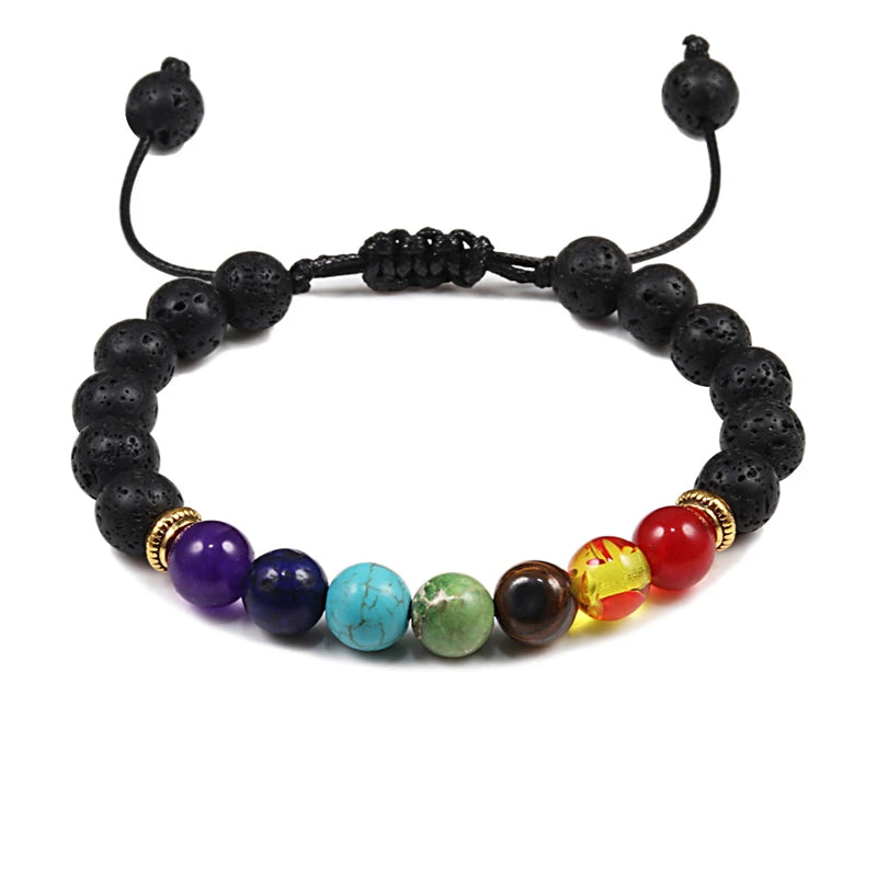 7 Chakra Bead Natural Stone Bracelet for Women & Men Healing Balance Tiger Eye Stone Black Lava Bracelets Adjustable Yoga Jewelry - The Iconic Marketplace