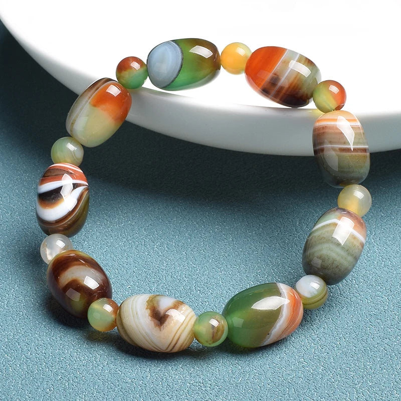Elegant Green Peacock Agate Bracelet – Women and Men ’s Healing Energy Jade Drum Beads Jewelry Gift