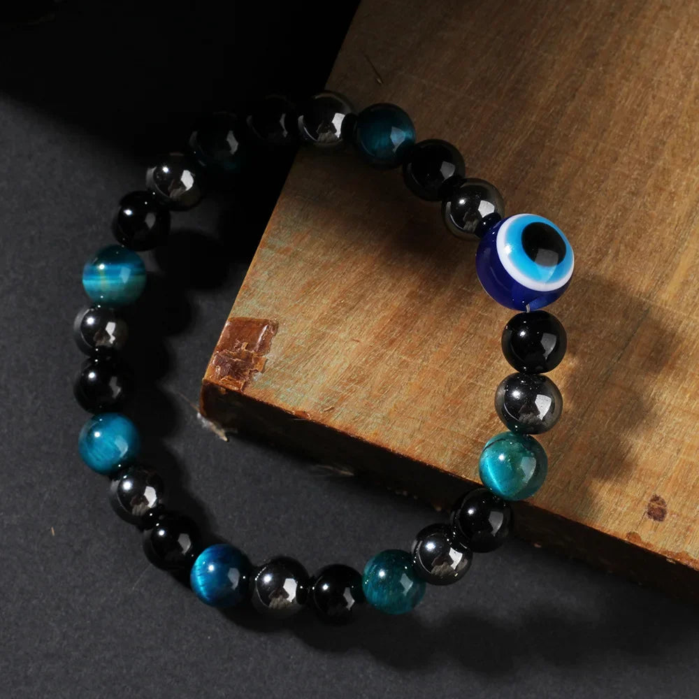 Triple Protection Bracelet – Blue Tiger’s Eye, Black Obsidian & Evil Eye Handmade Beaded Jewelry