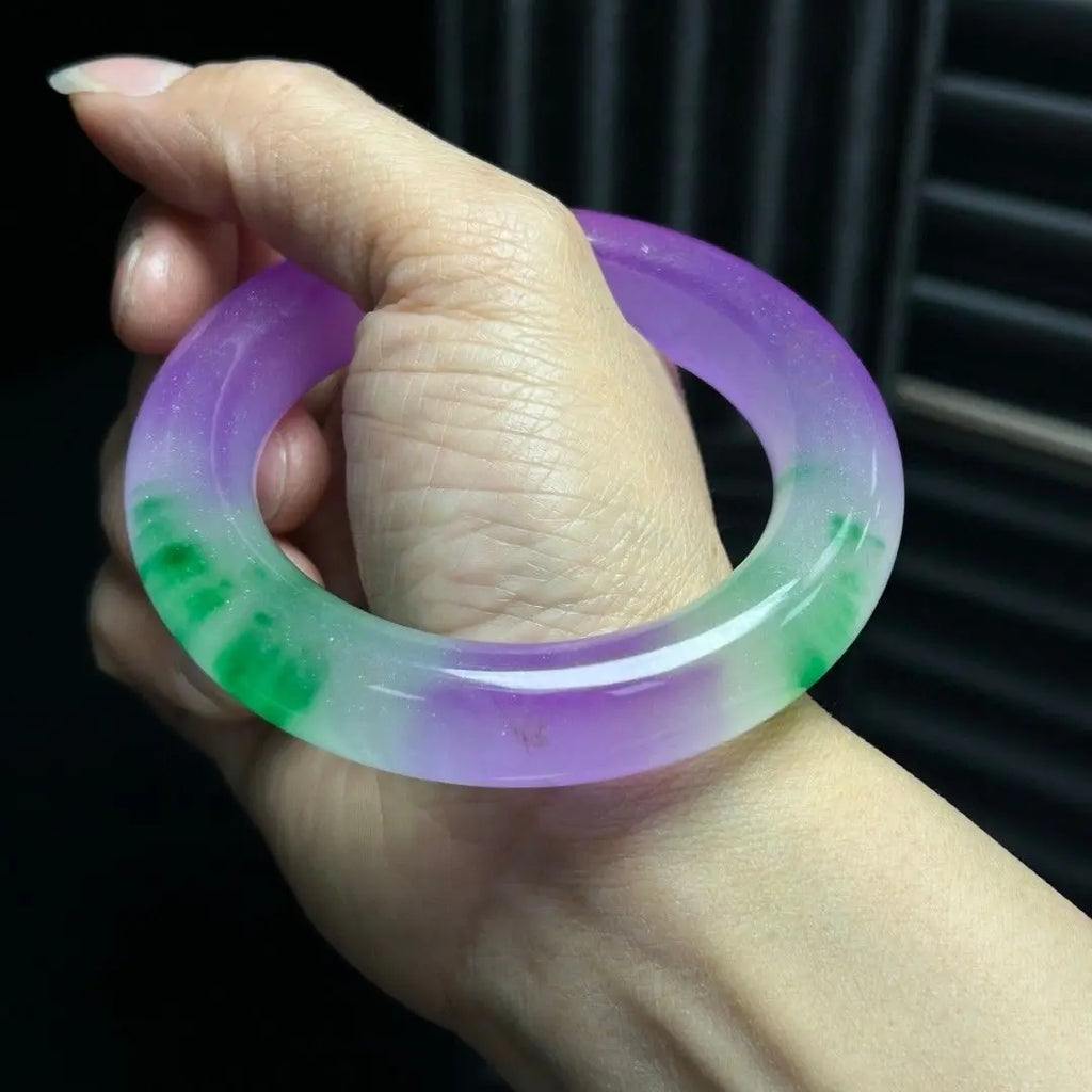 Natural Myanmar Jade Bracelet for Women, Ice Green & Violet Jade Bangle, Elegant Dulong Jade Jewelry Gift for Mom & Girls