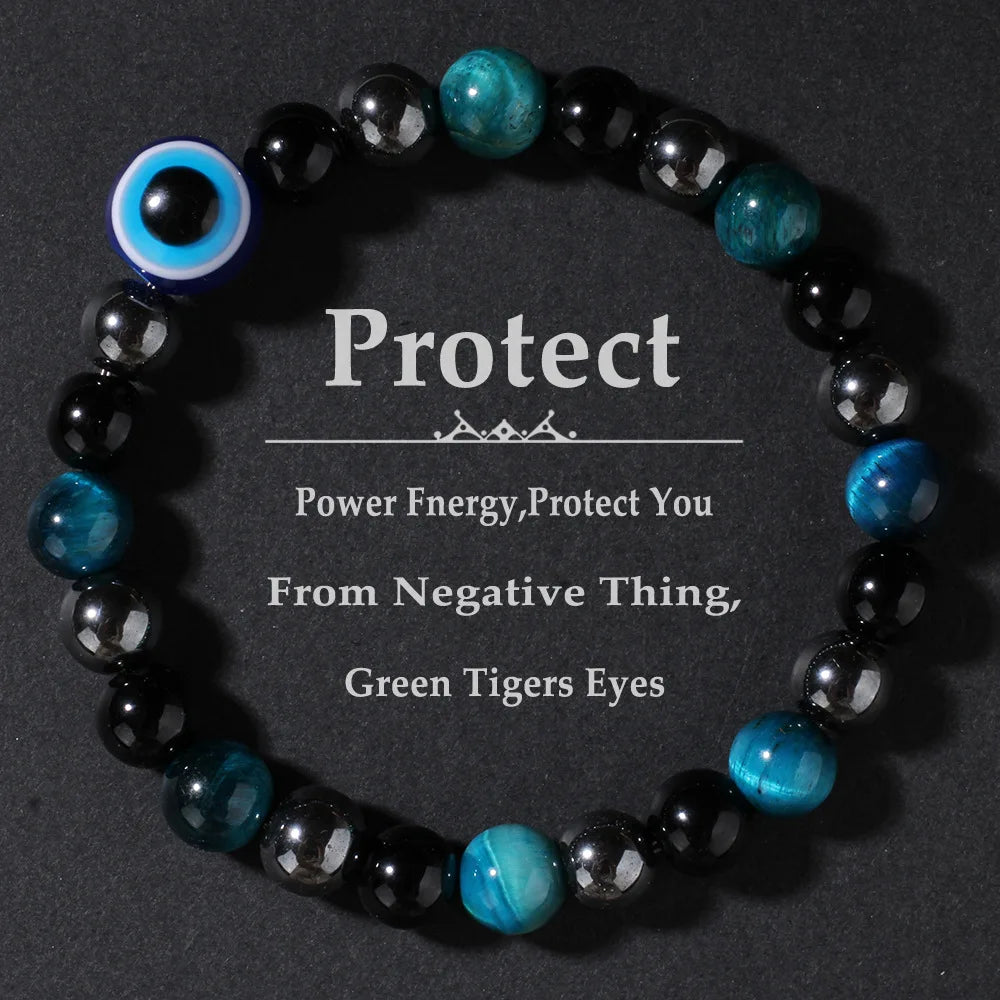 Triple Protection Bracelet – Blue Tiger’s Eye, Black Obsidian & Evil Eye Handmade Beaded Jewelry