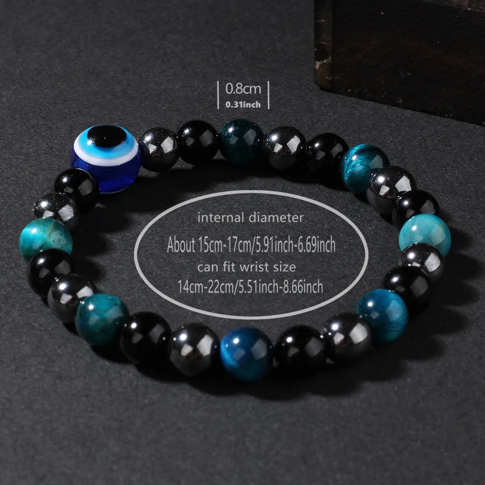 Triple Protection Bracelet – Blue Tiger’s Eye, Black Obsidian & Evil Eye Handmade Beaded Jewelry