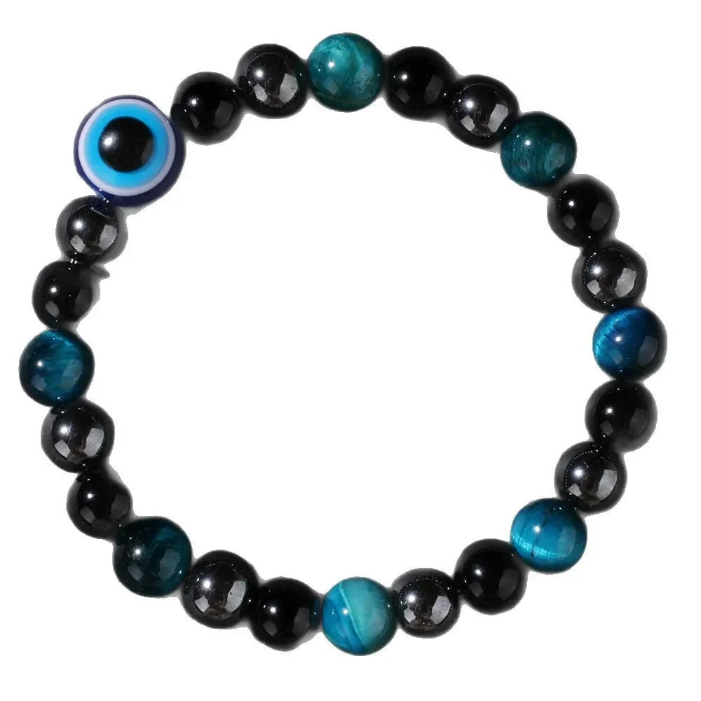 Triple Protection Bracelet – Blue Tiger’s Eye, Black Obsidian & Evil Eye Handmade Beaded Jewelry