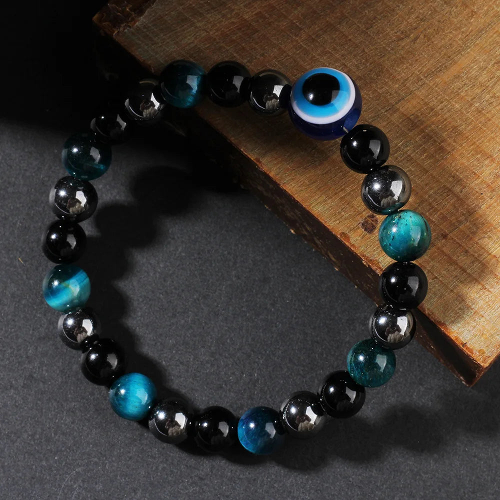 Triple Protection Bracelet – Blue Tiger’s Eye, Black Obsidian & Evil Eye Handmade Beaded Jewelry