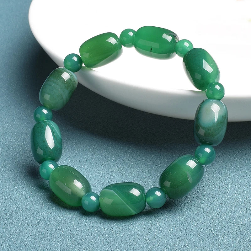 Elegant Green Peacock Agate Bracelet – Women and Men ’s Healing Energy Jade Drum Beads Jewelry Gift