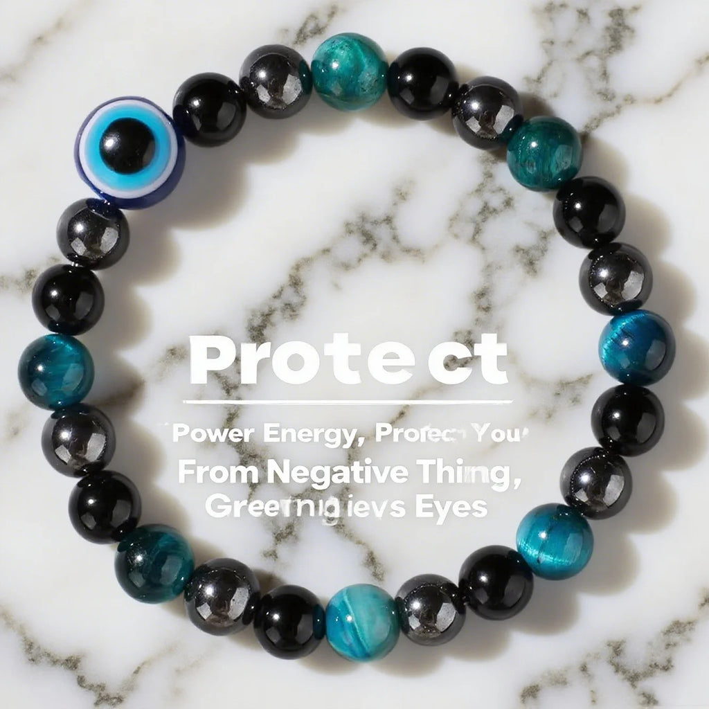 Triple Protection Bracelet – Blue Tiger’s Eye, Black Obsidian & Evil Eye Handmade Beaded Jewelry