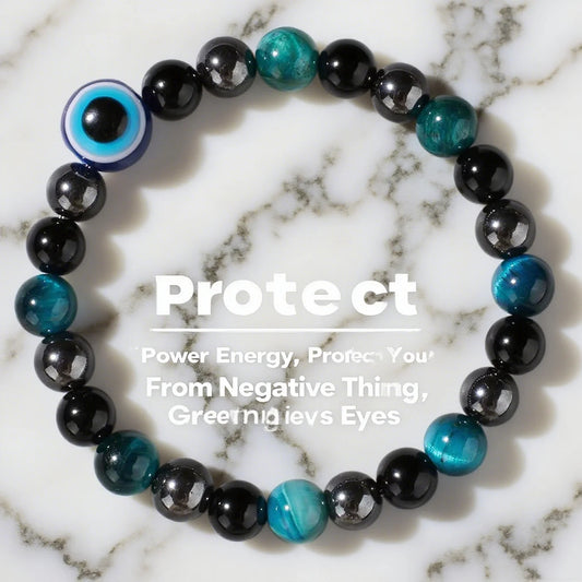 Triple Protection Bracelet – Blue Tiger’s Eye, Black Obsidian & Evil Eye Handmade Beaded Jewelry - The Iconic Marketplace # #