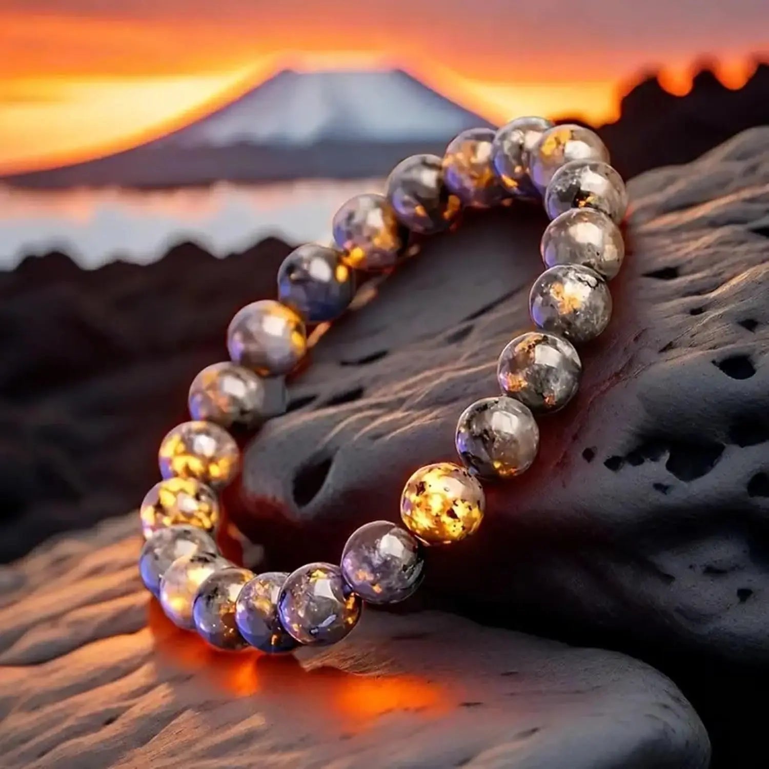 Handmade Natural Flame Stone Bracelet – Raw Stone UV Luminescent Rock Elastic Jewelry