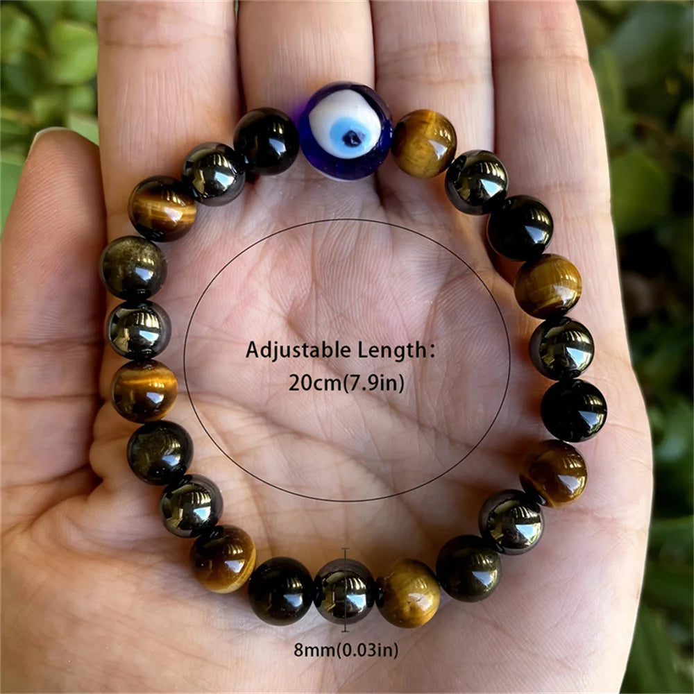 Triple Protection Bracelet – Blue Tiger’s Eye, Black Obsidian & Evil Eye Handmade Beaded Jewelry