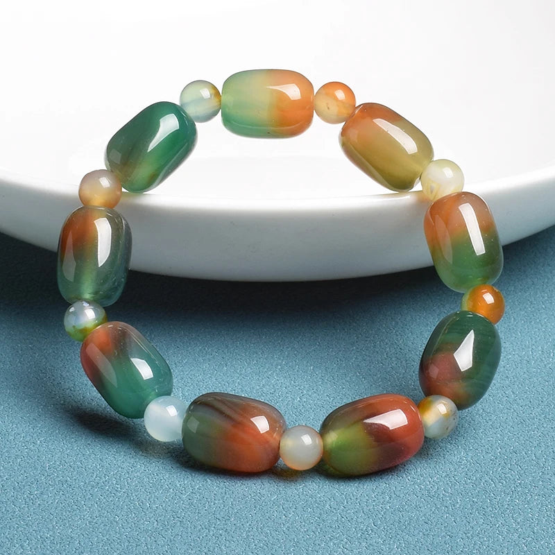 Elegant Green Peacock Agate Bracelet – Women and Men ’s Healing Energy Jade Drum Beads Jewelry Gift