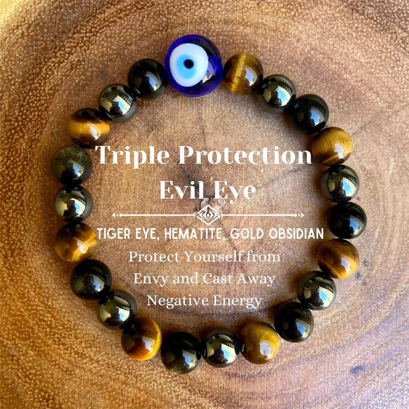 Triple Protection Bracelet – Blue Tiger’s Eye, Black Obsidian & Evil Eye Handmade Beaded Jewelry