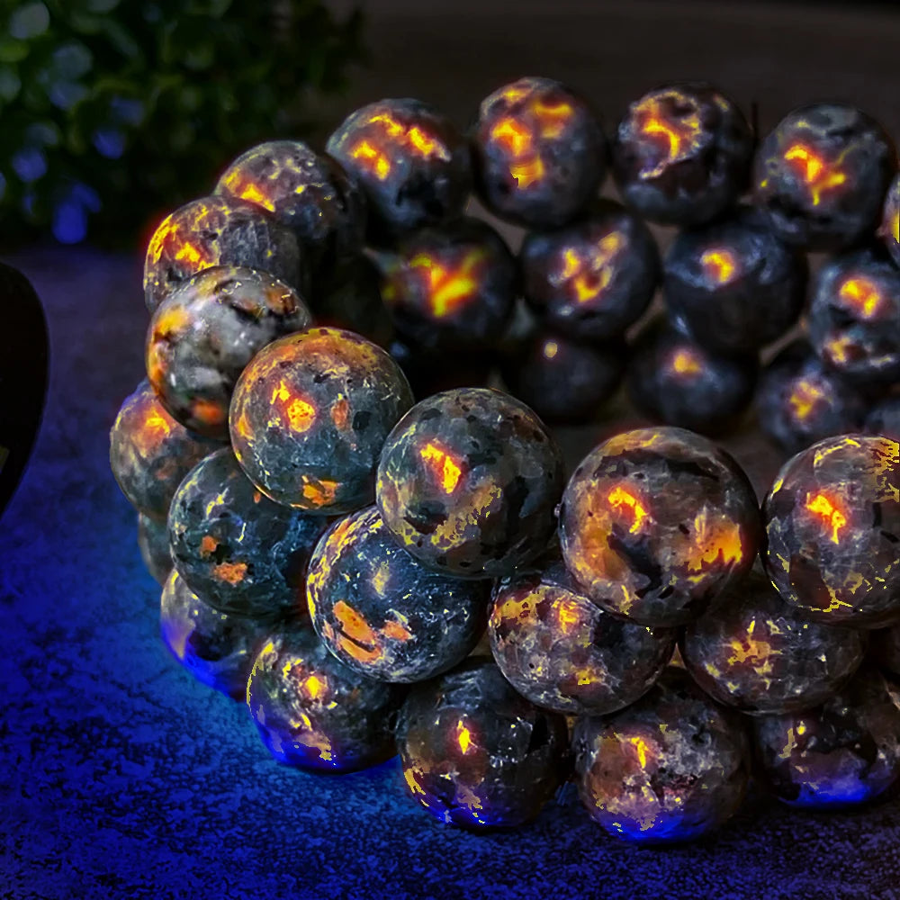 Handmade Natural Flame Stone Bracelet – Raw Stone UV Luminescent Rock Elastic Jewelry